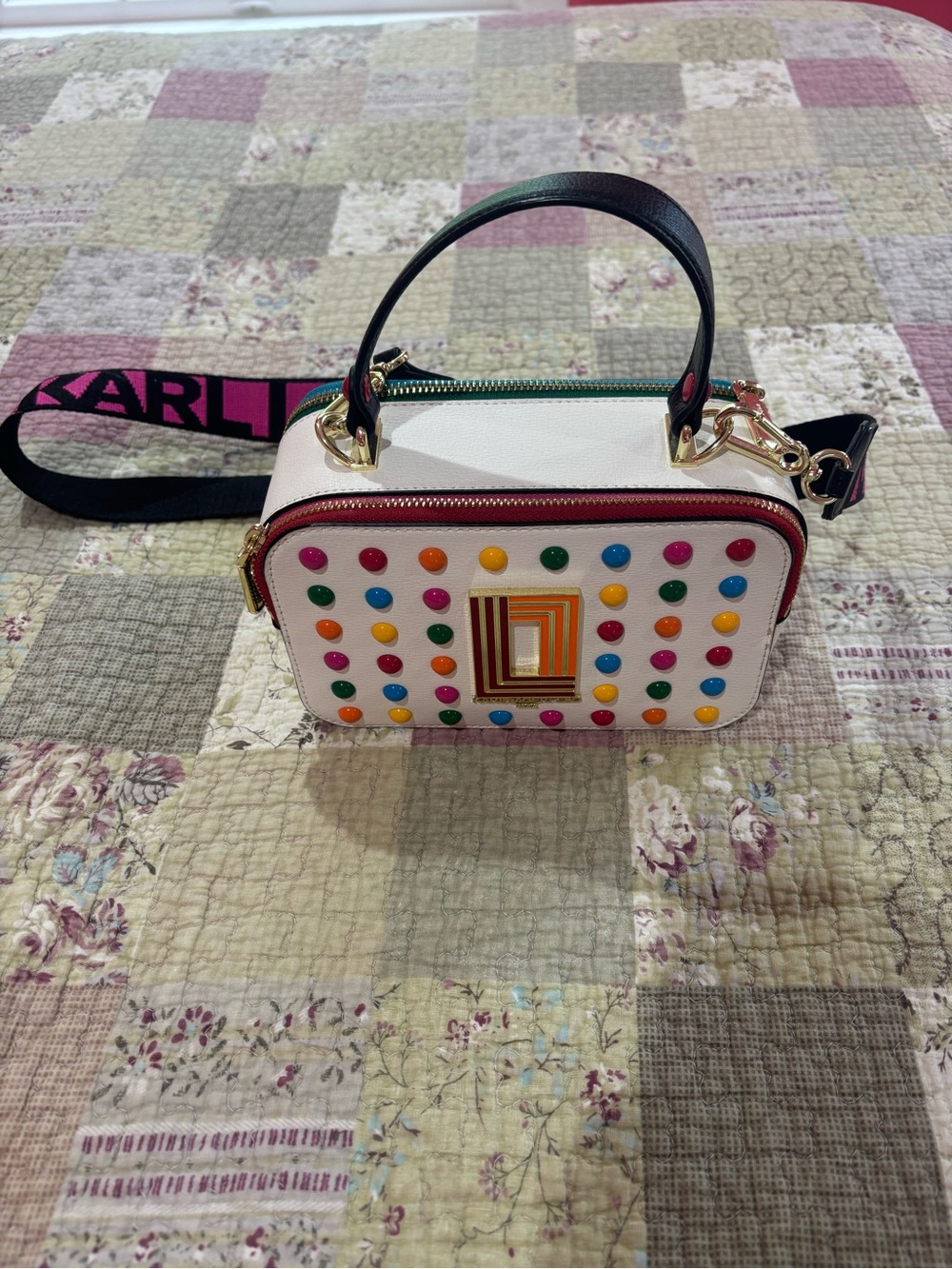 White Multicolor Studded Crossbody Bag with Top Handle